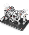 Heavy Duty Four Cylinder Stirling Engine Model In Atmospheric Black With Solid Brass Drive Train and Smooth Flywheel Motion, close-up view.