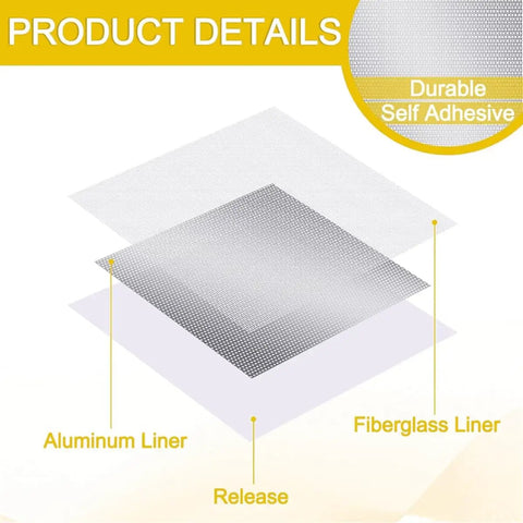 Diagram of 4 Pack 12-Inch By 12-Inch Drywall Repair Patches With Scraper Self-Adhesive Wall Patch Kit showing aluminum liner and fiberglass liner
