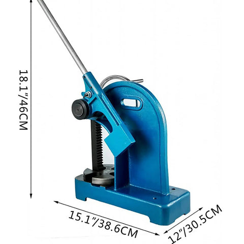 Heavy Duty Manual Arbor Press Built Like A Tank From Solid Cast Iron with 18.1 inches height, blue finish, for precise stamping tasks.