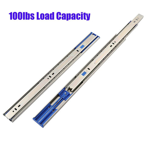 Built Tough Soft Close Drawer Slides 20 Inch Full Extension Cabinet Hardware Smooth As Glass Zinc Plated Cold Rolled Steel Zero Hassle Setup Quality 10 Pair, showing 100lbs load capacity.
