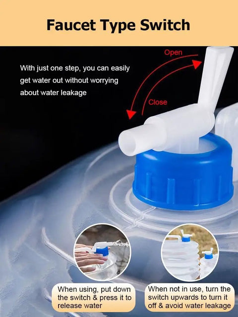 Foldable Water Storage Carrier Jug showing faucet type switch for easy water access, BPA-free, 10 L canister for camping