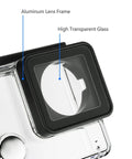 Close-up of Beast Mode Waterproof Dive Case for GoPro Hero 3 3 Plus and 4 Black Silver showing aluminum lens frame and glass.