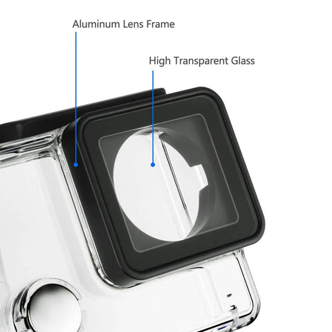Close-up of Beast Mode Waterproof Dive Case for GoPro Hero 3 3 Plus and 4 Black Silver showing aluminum lens frame and glass.