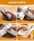 Usage steps of the 2 In 1 Rechargeable Bag Sealer With Cutter And Magnet, Portable Snack Bag Resealer For Food Storage And Travel, Keeps Chips Crispy And Fresh, No Waste, White