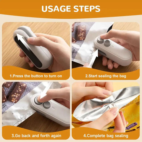 Usage steps of the 2 In 1 Rechargeable Bag Sealer With Cutter And Magnet, Portable Snack Bag Resealer For Food Storage And Travel, Keeps Chips Crispy And Fresh, No Waste, White