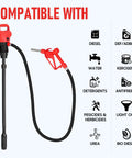 Beefy Electric Drum Pump With 120V AC and 12V DC Power, 33.5 to 49 Inch Telescoping Suction Tube, Swivel Nut Nozzle, 5 GPM Max, Versatile DEF Diesel Water Pump For Auto Shop And Industrial Use, Red alongside compatibility icons for various liquids like diesel, water, antifreeze, and more.