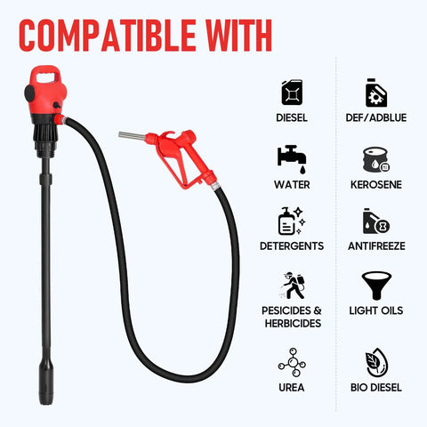 Beefy Electric Drum Pump With 120V AC and 12V DC Power, 33.5 to 49 Inch Telescoping Suction Tube, Swivel Nut Nozzle, 5 GPM Max, Versatile DEF Diesel Water Pump For Auto Shop And Industrial Use, Red alongside compatibility icons for various liquids like diesel, water, antifreeze, and more.