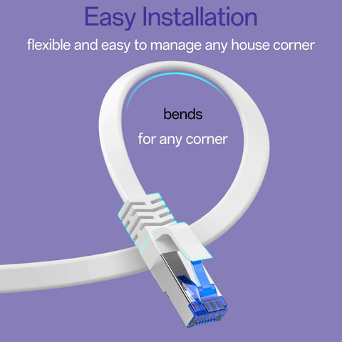 Ultra Thin Flat Ethernet Cable For 100 Ft Indoor Outdoor Use, Shielded SFTP Network Cable Delivers 40Gbps Speeds And 2000MHz Bandwidth shown bending easily