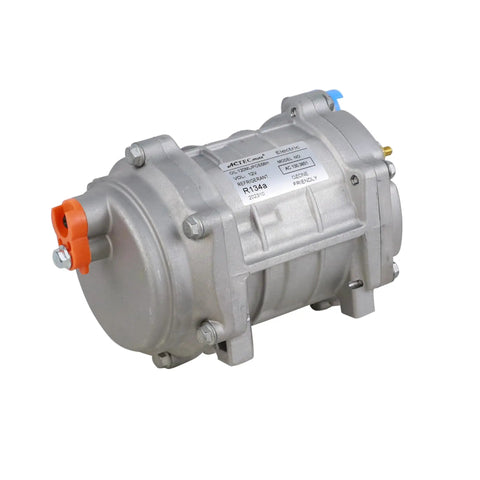 Universal 12 Volt AC Electric Compressor For RV Trucks And Cars With Separate Controller Prefilled With POE Oil Ready For A No Sweat Swap showing silver compressor unit with label.