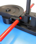 High Octane Programmable Electric Tube Bender With 2Hp Motor Hits 1680 Rpm Features PLC control showing red tubing and metal components.