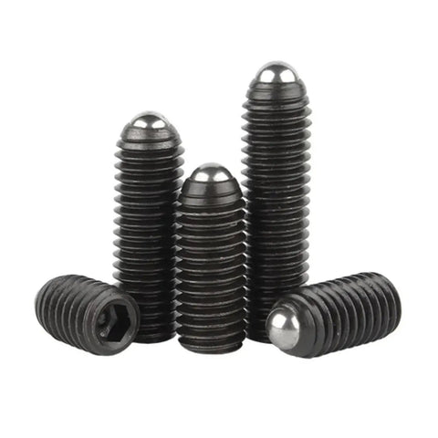 Heavy Duty Spring Ball Plunger Set Built Like A Badass Hex Socket Grub Screws In Durable Carbon And Stainless Steel Metric Sizes Five Pack showing black metal plungers.