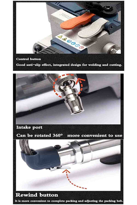 Top Rated Handheld Pneumatic Strapping Tool For Industrial Packaging Jobs controls, 360° intake port, and rewind button features.