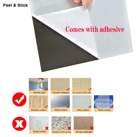 Self Adhesive Brushed Aluminum Backsplash Tiles Peel And Stick 10 Piece Set For Kitchen And Bathroom Each 11.73 By 11.73 Inches Easy DIY Install Black Brushed Finish showing adhesive backing and surface compatibility guide.