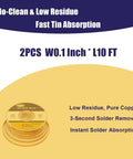 Close-up of 2 Pack No Clean Solder Wick Braided Copper 2.5mm By 10ft No Residue Desoldering Wick, promotional text