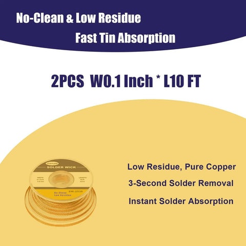 Close-up of 2 Pack No Clean Solder Wick Braided Copper 2.5mm By 10ft No Residue Desoldering Wick, promotional text