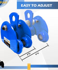 Half Ton Steel Push Beam Trolley for I-Beam, blue manual trolley with adjustable flange width 3 to 5 inches, side view