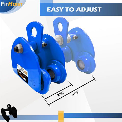 Half Ton Steel Push Beam Trolley for I-Beam, blue manual trolley with adjustable flange width 3 to 5 inches, side view