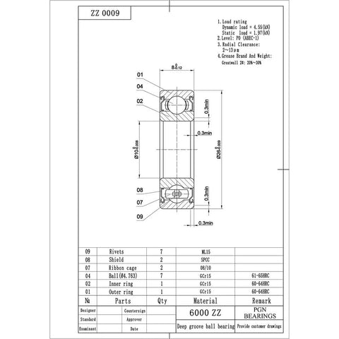 Technical drawing of 6000 ZZ Sealed Ball Bearing Set Built To Take A Beating Lubricated Chrome Steel 10x26x8mm With Metal Shield