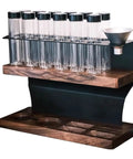 Badass Two Tier Coffee Bean Cellar With Built In Hopper And One Way Exhaust Valve For Fresh Single Dose Roasts Includes Twelve Precision Test Tubes And Heavy Duty Brewing Rack, showing dual shelf design.