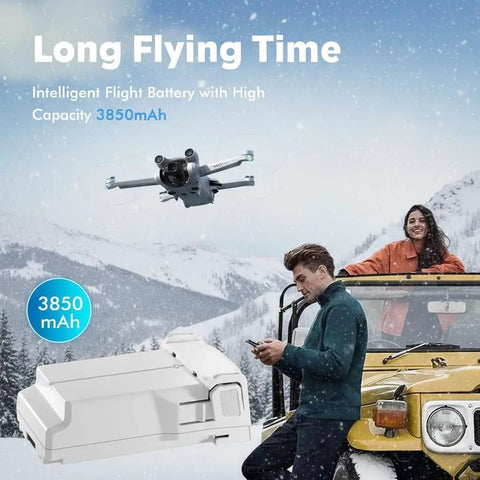 Image of Intelligent Flight Battery Plus for DJI Mini with 3850mAh capacity, shown with people outdoors and a drone flying.