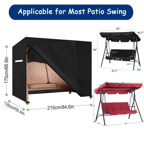 All Weather Outdoor Swing Cover For A 3 Seat Triple Seater Patio Hammock And Glider Chairs Waterproof Porch Canopy Garden Furniture Shield UV Resistant Tear Resistant Heavy Duty Weatherproof Protector dimensions shown.