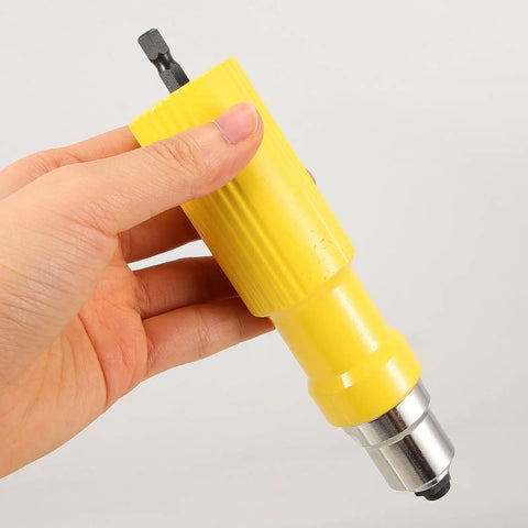 Premium Cordless Rivet Adapter Kit For Hand Tools With Easy Installation And Versatile Riveting Applications To Make Your DIY Projects Go Super Sleek And Smooth, yellow drill attachment shown in hand