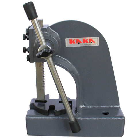 Heavy Duty 2 Ton Manual Arbor Press With 4 Position Base And 7 Inch Reach for precision metal work, gray finish, side view.
