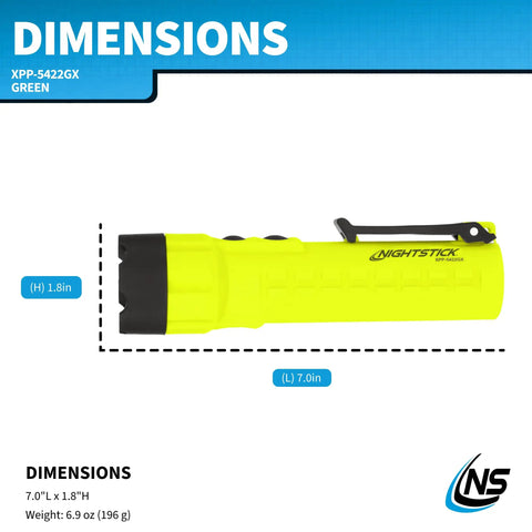 Diagram showing dimensions of XPP-5422GX Intrinsically Safe Dual Light Flashlight with LED Light Source Green and Black.