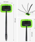 Inside Windshield Cleaning Tool With 22 Inch Detachable Handle, pro grade microfiber pad, 180-degree rotation, dimensions shown