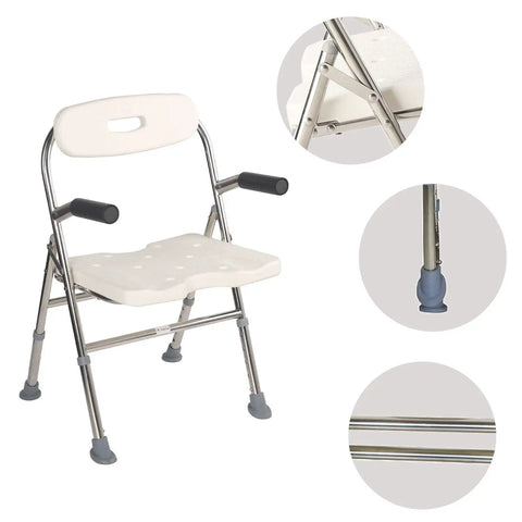 Easy Fold Shower Chair For Seniors And Disabled, Adjustable Height Bath Seat with grab handle, stainless steel, rubber feet.