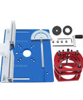 Heavy Duty Aluminum Router Lift Kit With Precision Miter Guide And Sturdy Mounting Bracket Fits 65 Millimeter Motors, components laid out on a blue base.