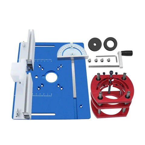 Heavy Duty Aluminum Router Lift Kit With Precision Miter Guide And Sturdy Mounting Bracket Fits 65 Millimeter Motors, components laid out on a blue base.