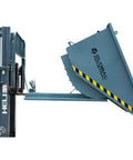 Job Site Ready Medium Duty Self Dumping Forklift Hopper With Two Cubic Yards Capacity tilted for unloading heavy loads.