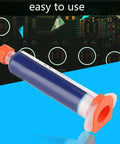 No Mess No Fuss No Clean Solder Flux Liquid Paste for PCB and BGA Repair syringe with circuit background.