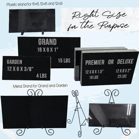 Custom Black Granite Memorial Stone With Your Image For Outdoor Garden And Cemetery Use, showcasing various sizes and stands