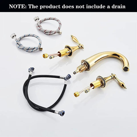 Solid Brass Widespread Bathroom Faucet With High Arc Deck Mount, 3-Hole 2-Handle Lavatory Faucet, Ceramic Valve, Nickel Plated Finish, Includes 2 Hoses, Lead-Free And Built To Last, No Drain Included components set on white background