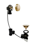 35 Inch Rock Solid Cable Driven Bath Waste parts assembly, polished brass pop up stopper and strainer for sinks.