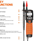 Compact Digital VOM Meter For DIYers And Auto Fixers Pen Sized Volt Meter with LED flashlight and LCD display highlighting functions.