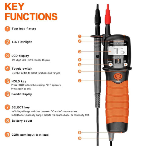 Compact Digital VOM Meter For DIYers And Auto Fixers Pen Sized Volt Meter with LED flashlight and LCD display highlighting functions.