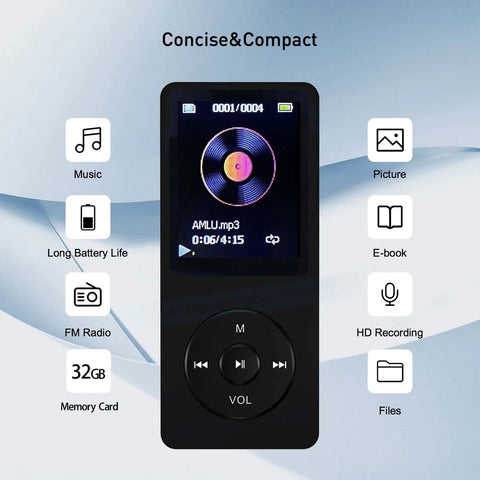 32GB Portable MP3 Player With Speaker, Dope HiFi Lossless Sound, Built-In Earphones, 1.8 Inch HD Screen displayed on interface