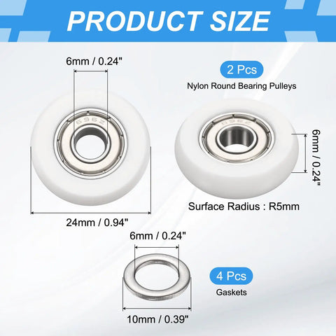 Bulletproof Nylon Ball Bearing Rollers With Double Sealed Idler Housing Butter Smooth Cabinet Slide And Home Fitness Track Repair Sets Featuring Heavy Duty Stainless Gaskets And Quick Swap Installation White Coating product size details showing 24mm nylon pulleys and 10mm gaskets.