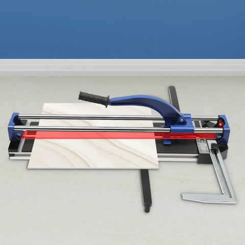 Built Like A Tank 24 Inch Manual Tile Cutter For Porcelain And Ceramic Tiles Featuring Tungsten Alloy Wheel Dual Steel Rails Infrared Laser Alignment And Precision Ruler Bar on workspace with laser guide.