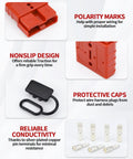 Universal Battery Quick Connect Kit Four Pack 50 Amp For 6 To 12 Gauge Cables 12V 36V Systems Wire Harness Plug Kit Anderson Connector Compatible Great For Cars Bikes ATVs Winches Lifts And Motors red connector with cover and silver-plated terminals