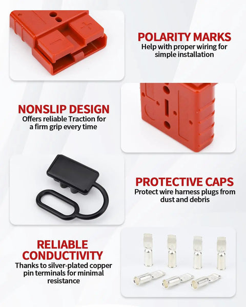Universal Battery Quick Connect Kit Four Pack 50 Amp For 6 To 12 Gauge Cables 12V 36V Systems Wire Harness Plug Kit Anderson Connector Compatible Great For Cars Bikes ATVs Winches Lifts And Motors red connector with cover and silver-plated terminals