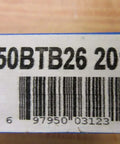Box showing barcode and product code 50BTB26 2012 for Taper Bushed Sprocket with 2 9/16 inch bore, 26 teeth gear