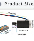 Product dimensions of 12V To 24V PWM DC Motor Speed Controller 10A with heat sink and lever wire connectors