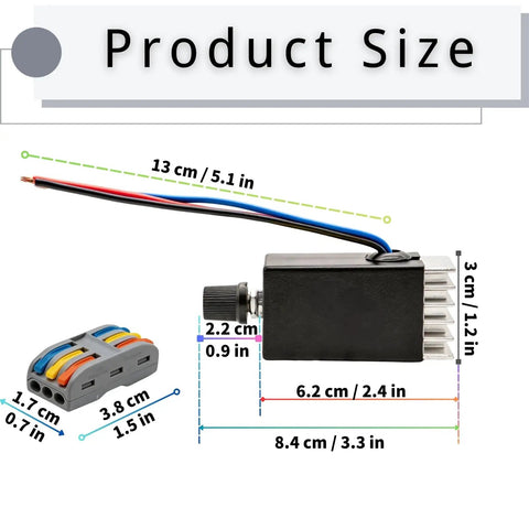Product dimensions of 12V To 24V PWM DC Motor Speed Controller 10A with heat sink and lever wire connectors