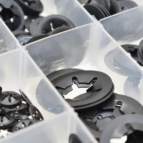 BDS-HOME front-view internal-tooth starlock washers assortment kit, 7 sizes, 340 pcs, black oxide.