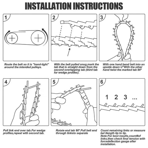 Installation instructions for Adjustable Five Foot Three Eighths Inch V Belt Z Type Heavy Duty Rubber Link Drive with diagrams.