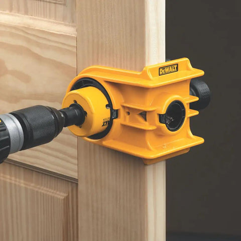 Door Lock Installation Kit With C Clamp Design Hole Saw attached to wooden door, showcasing tool-free clamping and alignment.